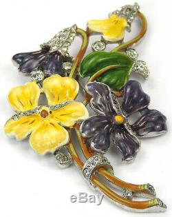 Trifari'Alfred Philippe' Pave and Enamel Floral Spray of Pansies Pin Clip