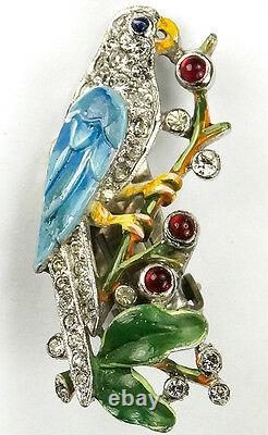Trifari'Alfred Philippe' Pave and Enamel Parrots on Branches Clip Earrings