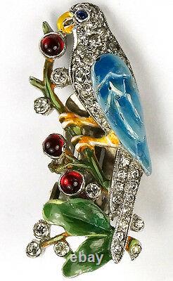 Trifari'Alfred Philippe' Pave and Enamel Parrots on Branches Clip Earrings