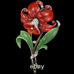 Trifari'Alfred Philippe' Pave and Enamel Red Daffodil Flower Pin Clip