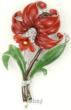 Trifari'Alfred Philippe' Pave and Enamel Red Daffodil Flower Pin Clip