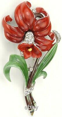 Trifari'Alfred Philippe' Pave and Enamel Red Daffodil Flower Pin Clip