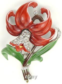 Trifari'Alfred Philippe' Pave and Enamel Red Daffodil Flower Pin Clip