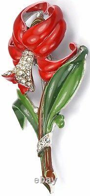 Trifari'Alfred Philippe' Pave and Enamel Red Daffodil Flower Pin Clip