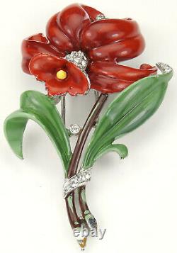 Trifari'Alfred Philippe' Pave and Enamel Red Daffodil Flower Pin Clip