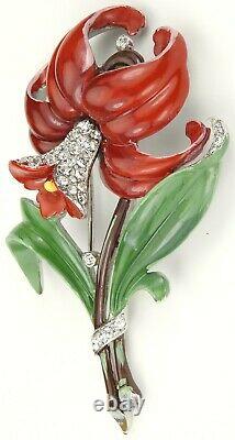 Trifari'Alfred Philippe' Pave and Enamel Red Daffodil Flower Pin Clip