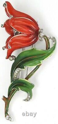 Trifari'Alfred Philippe' Pave and Red Enamel Lily Pin Clip