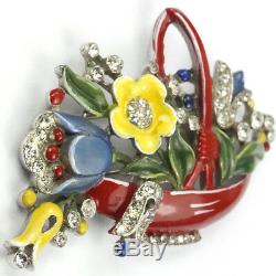 Trifari'Alfred Philippe' Pave and Red Enamelled Flower Basket Pin Clip