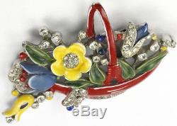 Trifari'Alfred Philippe' Pave and Red Enamelled Flower Basket Pin Clip