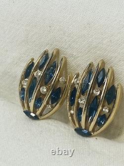Trifari Alfred Philippe RARE Earrings Trifarium Blue Sapphire Chaton Rhinestones