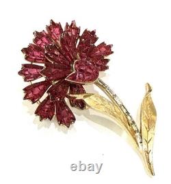 Trifari Alfred Philippe Rare Invisibly Set Red Carnation Flower Brooch Signed