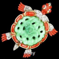 Trifari'Alfred Philippe' Red Enamel and Green Jade Ming Turtle Pin Clip