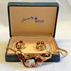 Trifari Alfred Philippe Red Rhinestone Set in Box Necklace Earrings Jewelry