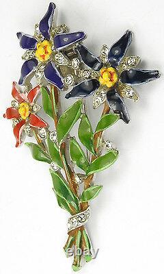 Trifari'Alfred Philippe' Red Violet and Blue Enamelled Star Flowers Pin Clip