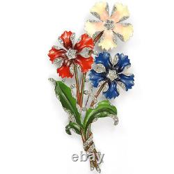 Trifari'Alfred Philippe' Red White Blue 3 Flower Giant Floral Spray Pin Clip