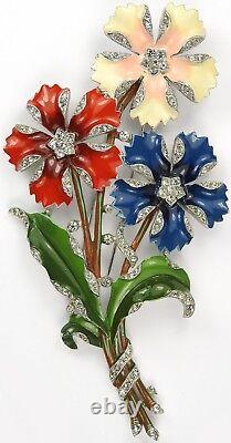Trifari'Alfred Philippe' Red White Blue 3 Flower Giant Floral Spray Pin Clip