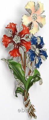 Trifari'Alfred Philippe' Red White Blue 3 Flower Giant Floral Spray Pin Clip