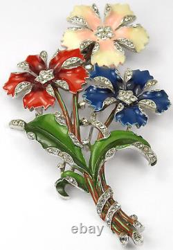 Trifari'Alfred Philippe' Red White Blue 3 Flower Giant Floral Spray Pin Clip