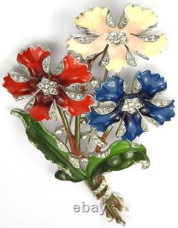 Trifari'Alfred Philippe' Red White Blue 3 Flower Giant Floral Spray Pin Clip