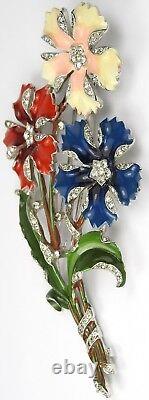 Trifari'Alfred Philippe' Red White Blue 3 Flower Giant Floral Spray Pin Clip