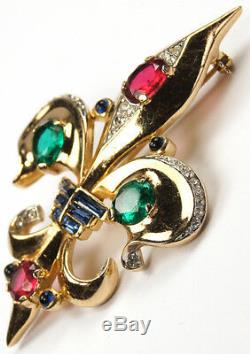 Trifari'Alfred Philippe' Ruby Emerald and Sapphire Fleur de Lys Pin