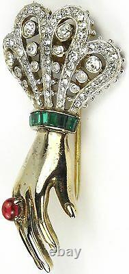 Trifari'Alfred Philippe' Ruby and Emerald Large Bejewelled Hand Pin Clip