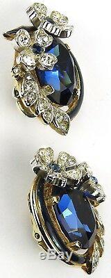 Trifari'Alfred Philippe' Sapphire Pave Flower Swirl Clip Earrings