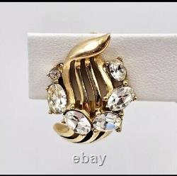 Trifari Alfred Philippe Signed Gold Tone Rhinestone Clip On Earrings With Tags