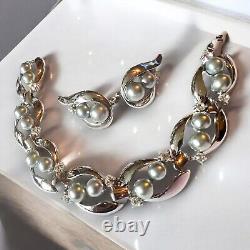 Trifari Alfred Philippe Silver Faux Pearl Crystal Bracelet Earrings Set Vintage