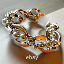 Trifari Alfred Philippe Silver Faux Pearl Crystal Bracelet Earrings Set Vintage