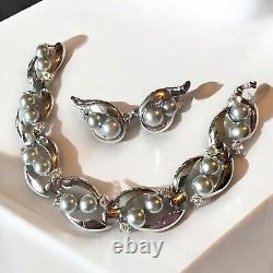 Trifari Alfred Philippe Silver Faux Pearl Crystal Bracelet Earrings Set Vintage