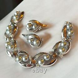 Trifari Alfred Philippe Silver Faux Pearl Crystal Bracelet Earrings Set Vintage