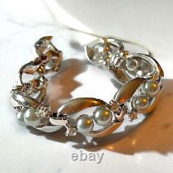 Trifari Alfred Philippe Silver Faux Pearl Crystal Bracelet Earrings Set Vintage