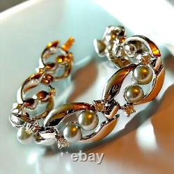 Trifari Alfred Philippe Silver Faux Pearl Crystal Bracelet Earrings Set Vintage