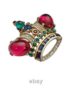 Trifari Alfred Philippe Sterling Crown Brooch Chunky Oval Cabochon Signed, J340