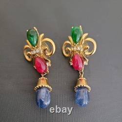 Trifari Alfred Philippe Vintage Jewels of India Red, GreenBlue Gripoix Earrings