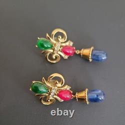 Trifari Alfred Philippe Vintage Jewels of India Red, GreenBlue Gripoix Earrings