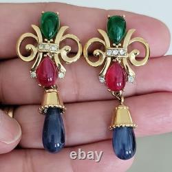 Trifari Alfred Philippe Vintage Jewels of India Red, GreenBlue Gripoix Earrings