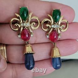 Trifari Alfred Philippe Vintage Jewels of India Red, GreenBlue Gripoix Earrings