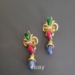 Trifari Alfred Philippe Vintage Jewels of India Red, GreenBlue Gripoix Earrings