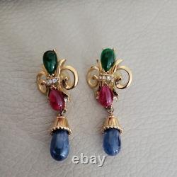 Trifari Alfred Philippe Vintage Jewels of India Red, GreenBlue Gripoix Earrings