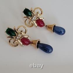 Trifari Alfred Philippe Vintage Jewels of India Red, GreenBlue Gripoix Earrings