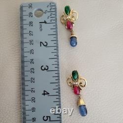 Trifari Alfred Philippe Vintage Jewels of India Red, GreenBlue Gripoix Earrings
