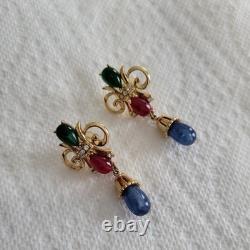 Trifari Alfred Philippe Vintage Jewels of India Red, GreenBlue Gripoix Earrings