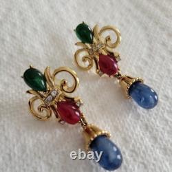 Trifari Alfred Philippe Vintage Jewels of India Red, GreenBlue Gripoix Earrings