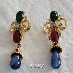 Trifari Alfred Philippe Vintage Jewels of India Red, GreenBlue Gripoix Earrings