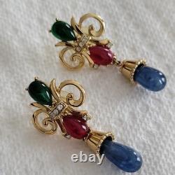 Trifari Alfred Philippe Vintage Jewels of India Red, GreenBlue Gripoix Earrings