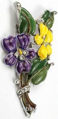 Trifari'Alfred Philippe' Violet and Yellow Pansy Floral Spray Flower Pin Clip