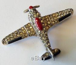 Trifari Alfred Philippe Wwii Red & Black Enamel Rhinestone Airplane Brooch