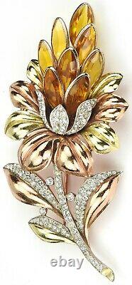 Trifari'Alfred Philippe' Yellow and Rose Gold Pave and Citrines Lotus Flower Pi